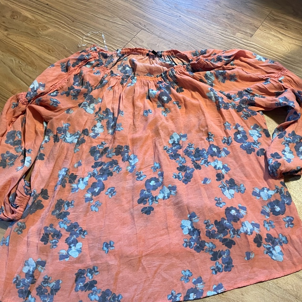 Zac & Rachel Women's Apricot & Blue Floral Lace-Accent Boatneck Top-2xl